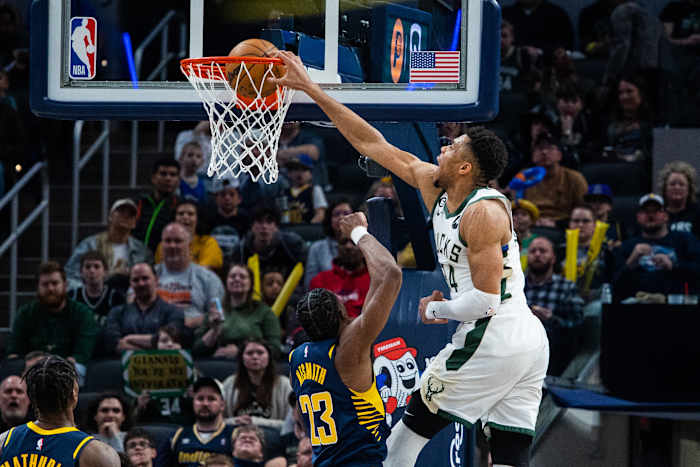 Mar 29, 2023; Indianapolis, Indiana, USA; Milwaukee Bucks forward Giannis Antetokounmpo dunks the ball